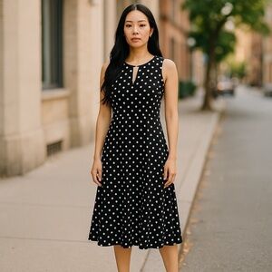 LIZ CLAIBORNE Women's size 10 Black White Polka dot Sleeveless A-Line Midi Dress